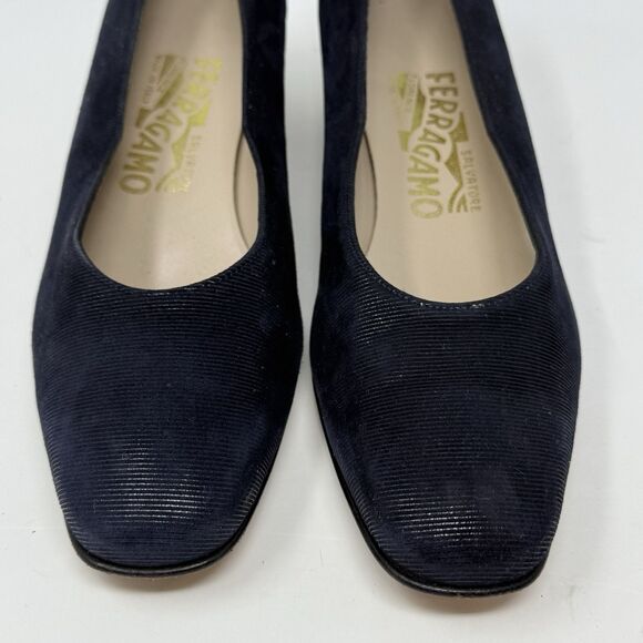 Salvatore Ferragamo Shoes Womens 6.5 B Blue Textured Suede Pumps Heels Italy - Picture 5 of 16